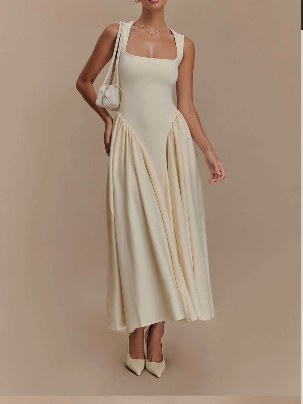 Meshki Cream Square-Neck Maxi Dress with Gathered Panels